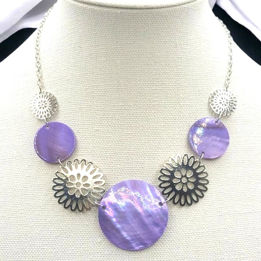 Silver Filigree Purple Acrylic Discs Fashion Chain Necklace ~ NEW